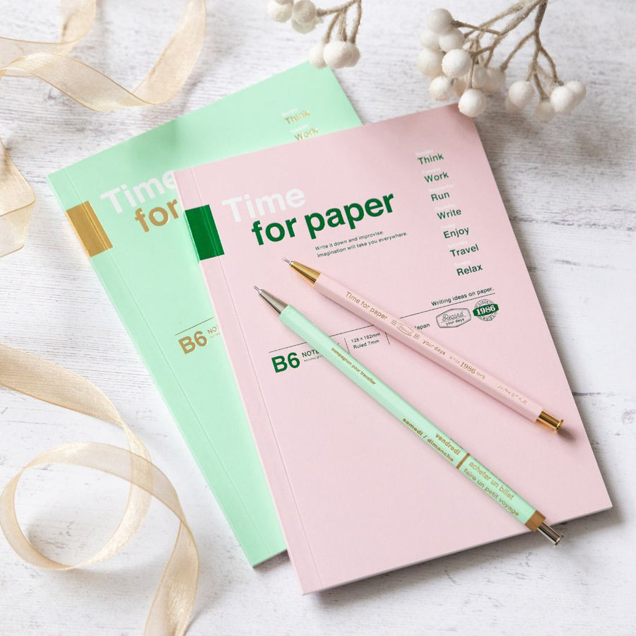 Time for Paper B6 notebooks in mint and light pink with matching pens