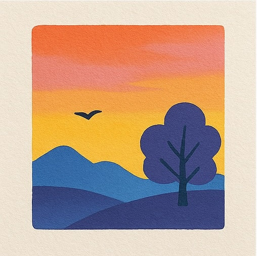 Simplified landscape with a tree, bird, and colorful sky on a beige background