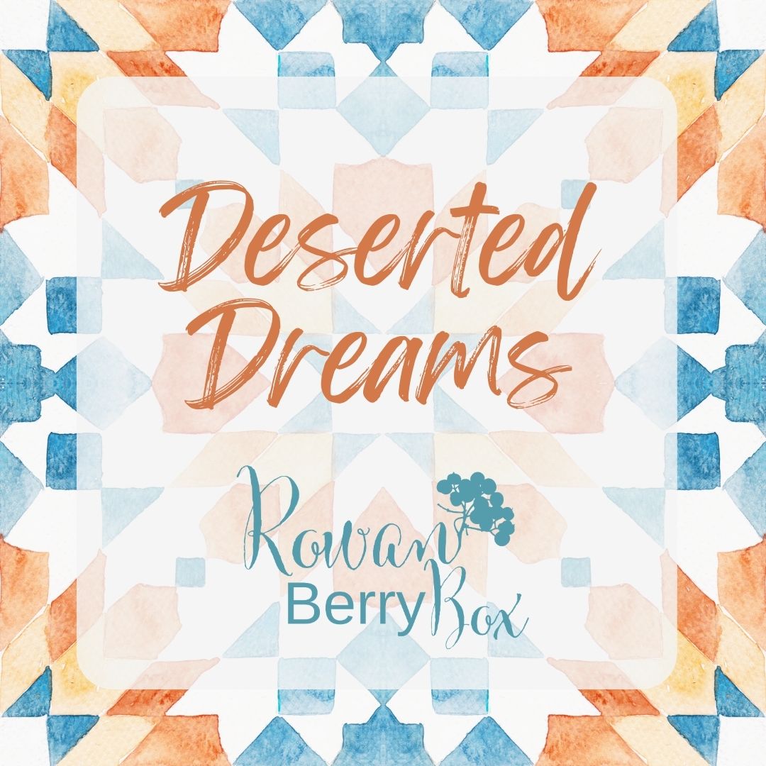 Deserted Dreams Rowan Berry Box. Watercolour painting of a Moroccan tile with a terracotta orange and a deep blue colour palette.