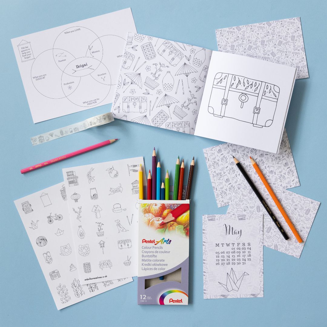 Ikigai Themed Stationery Gift Box with Colouring Book Open