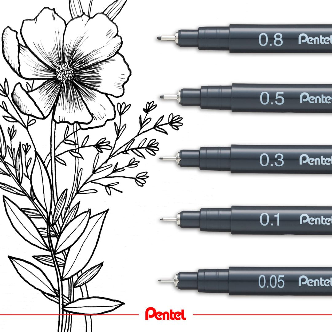 Set of Pentel pens with different sizes and a floral illustration.