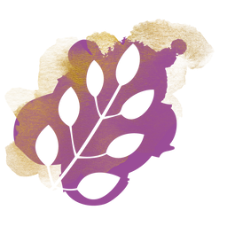 Purple leaf-shaped logo with a gold and white abstract background