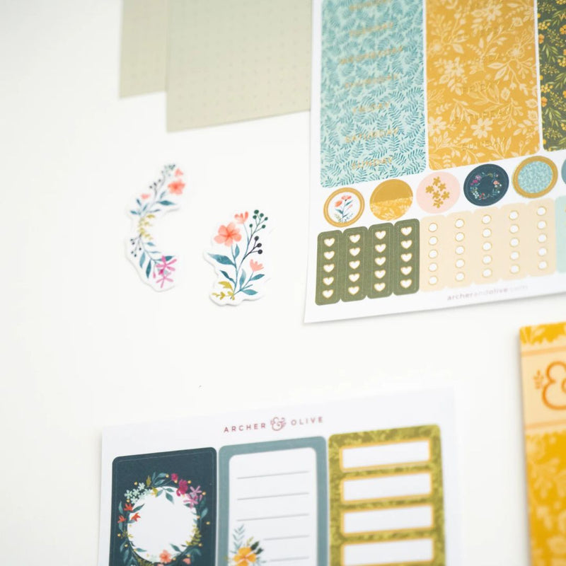 Signature Floral Themed Jouranling Kit Decorative Stickers Close Up - Archer and Olive