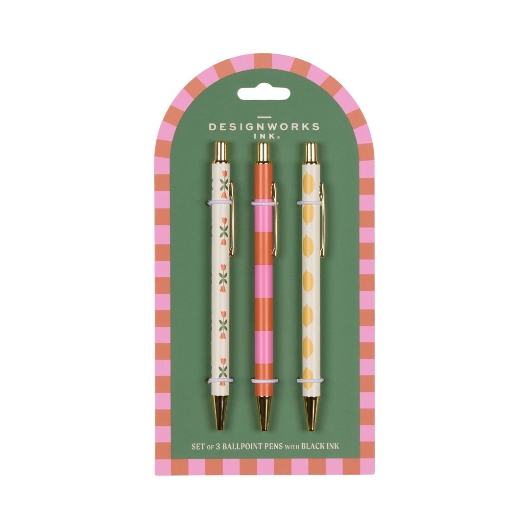 A Dopo Set of 3 Pens - Flower, Stripe, Lemons - Designworks Collective - Under the Rowan Trees