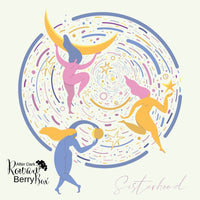 Colourful illustration of three women dancing with moons and stars in a circular design, featuring the 'After Dark Stationery Box' brand