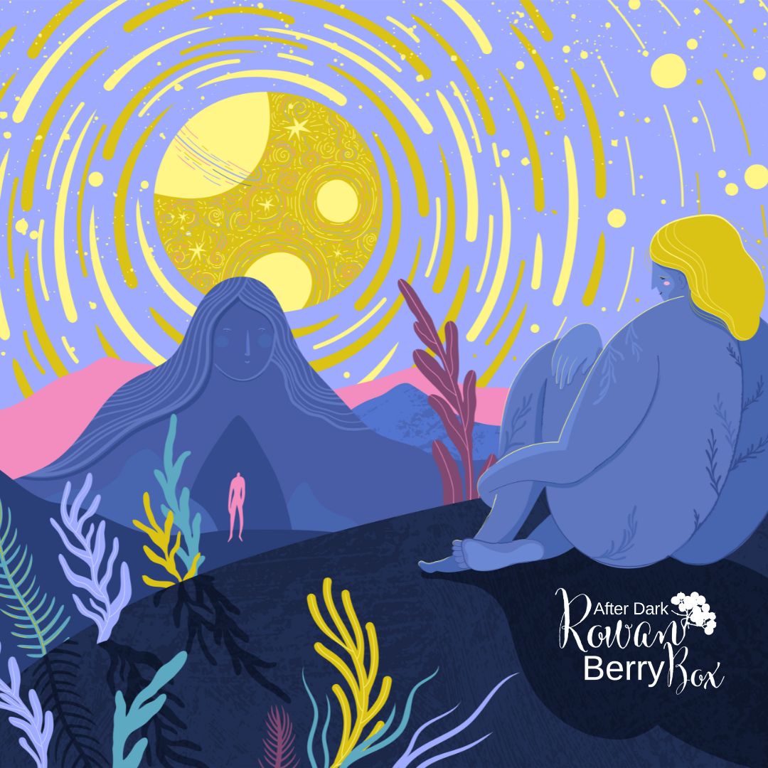 Illustration of two people sitting under a starry night sky with a large moon, surrounded by plants, and the 'After Dark Rowan Berry Box' brand visible.