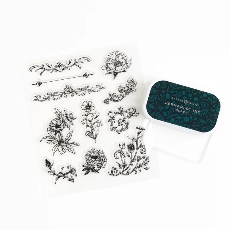 Antique Floral Stamp Set Archer & Olive-Rubber Stamp-Archer & Olive-