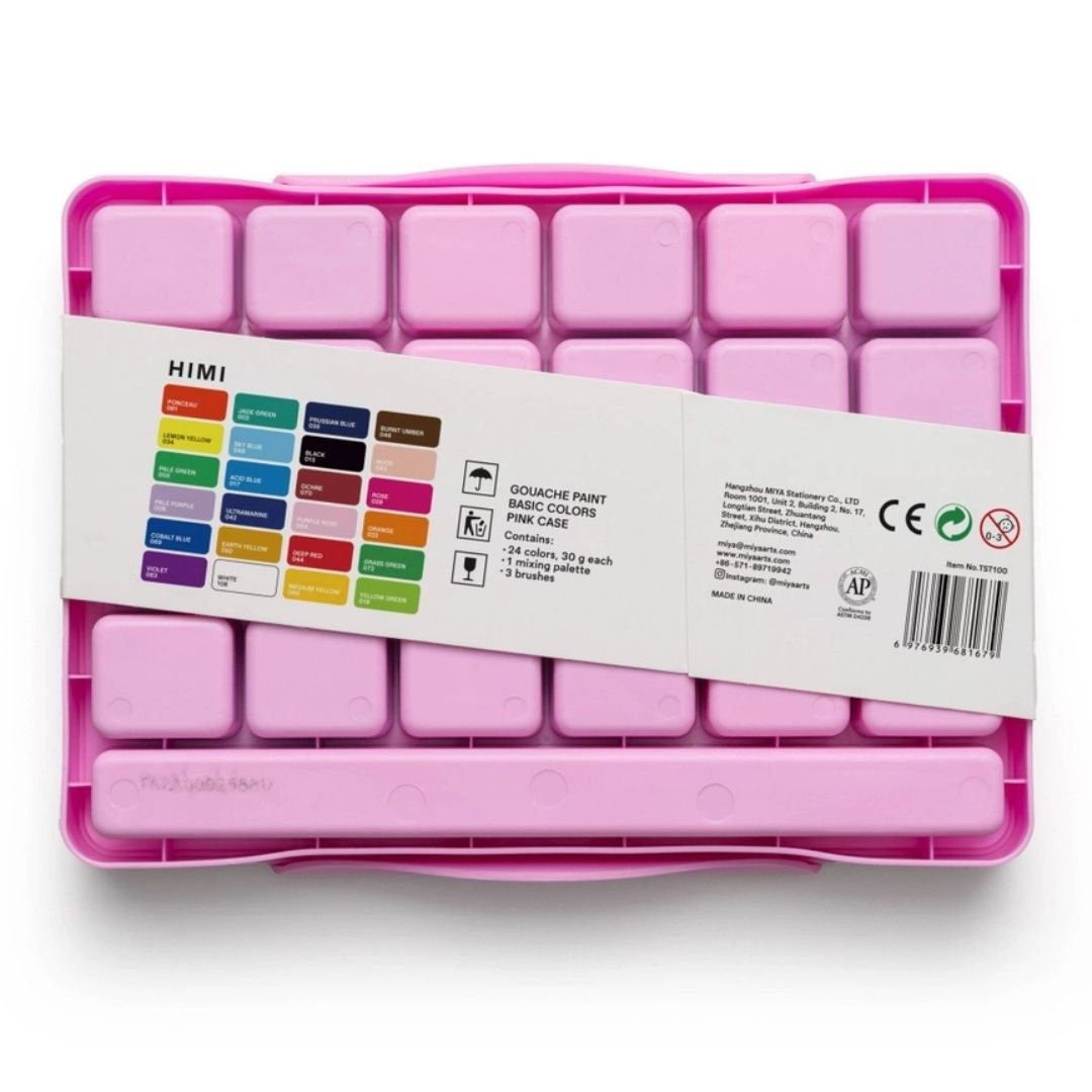 Himi Jelly Cup Gouache 24 Basic Colours Paints Set - Pink - Himi