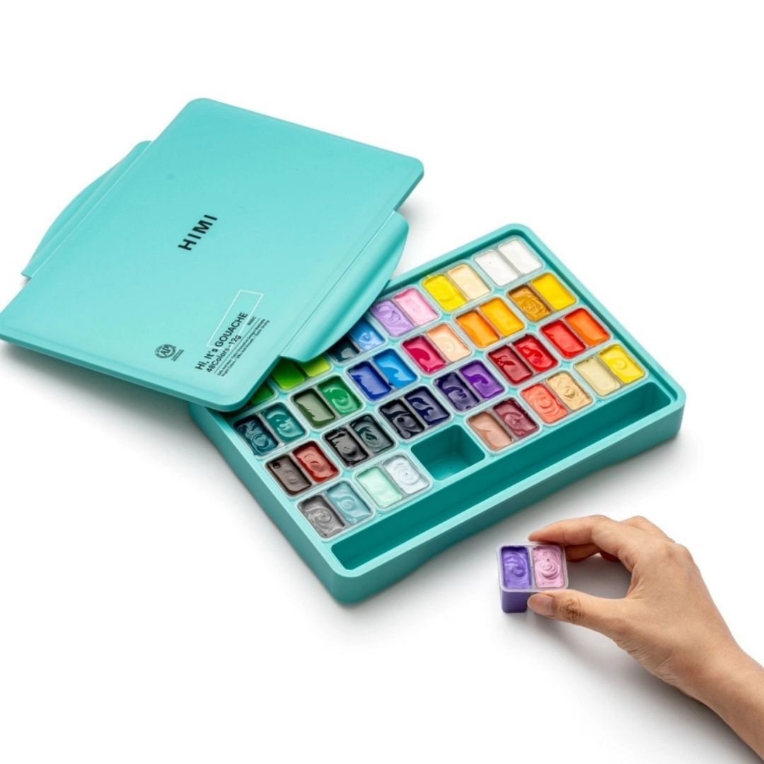Himi Twin Cup Gouache 48 Basic Colours Paints Set - Green - Himi