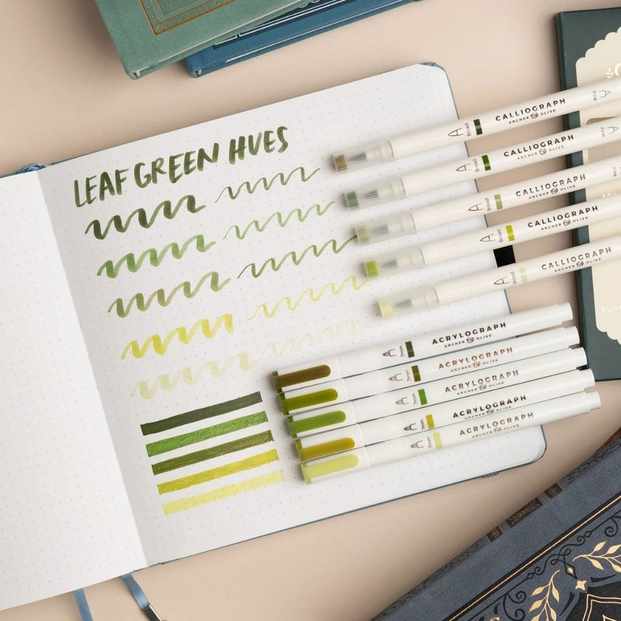 Leaf Green Hues Calliograph Pens - Set of 5 - Archer & Olive