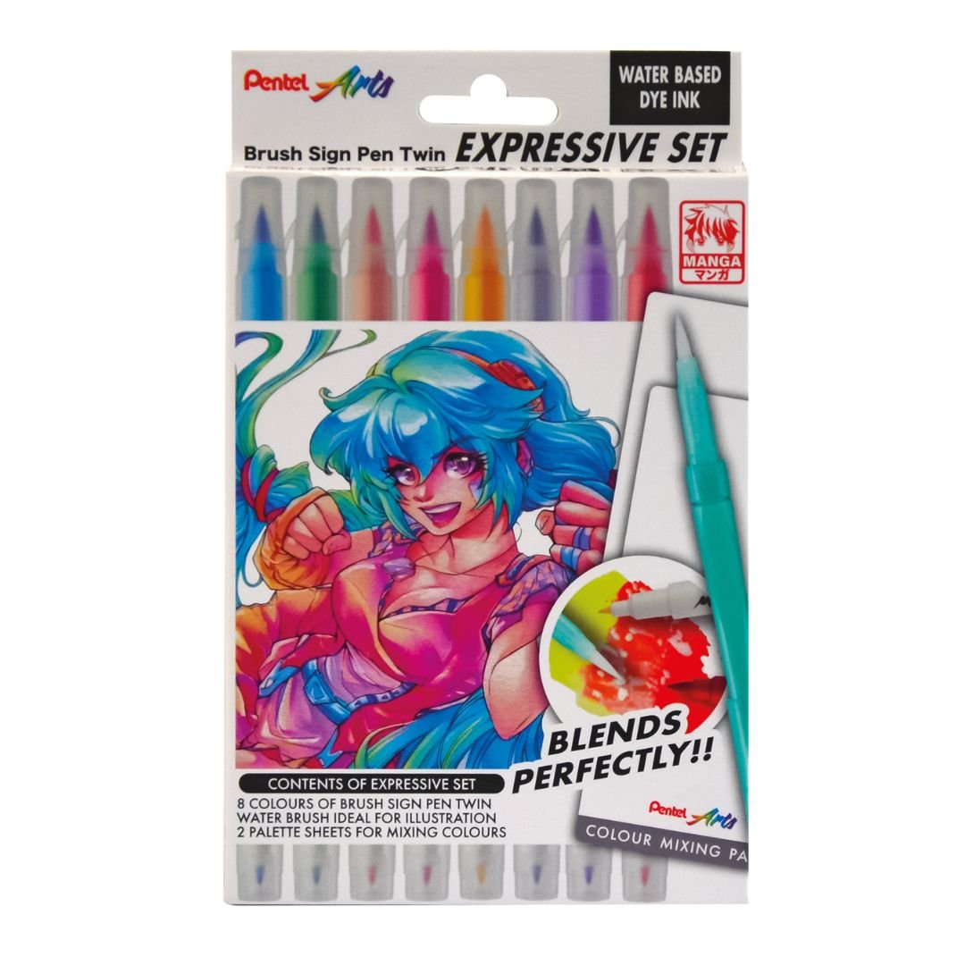 Pentel Arts Sign Pen Twin Brush 6er Pack – Pinselstifte Mit Breiter & Feiner Spitze | Wasserbasierte Tinte, Mischbar | Ideal Für Lettering & Illustrationen