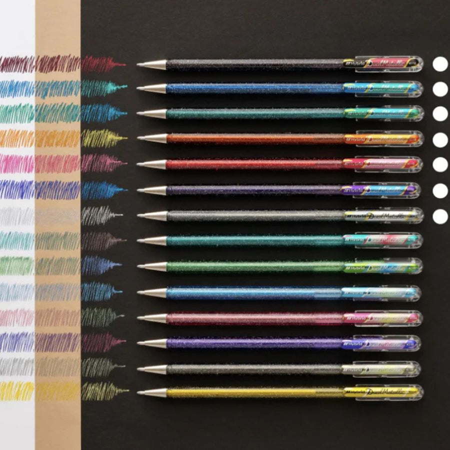 Pentel Dual Metallic Gel Pens Set of 14 Fantasy and Original Colours - Pentel