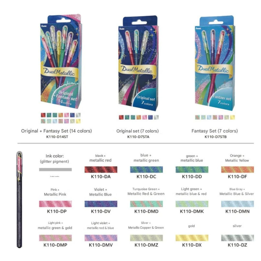 Pentel Dual Metallic Gel Pens Set of 14 Fantasy and Original Colours - Pentel