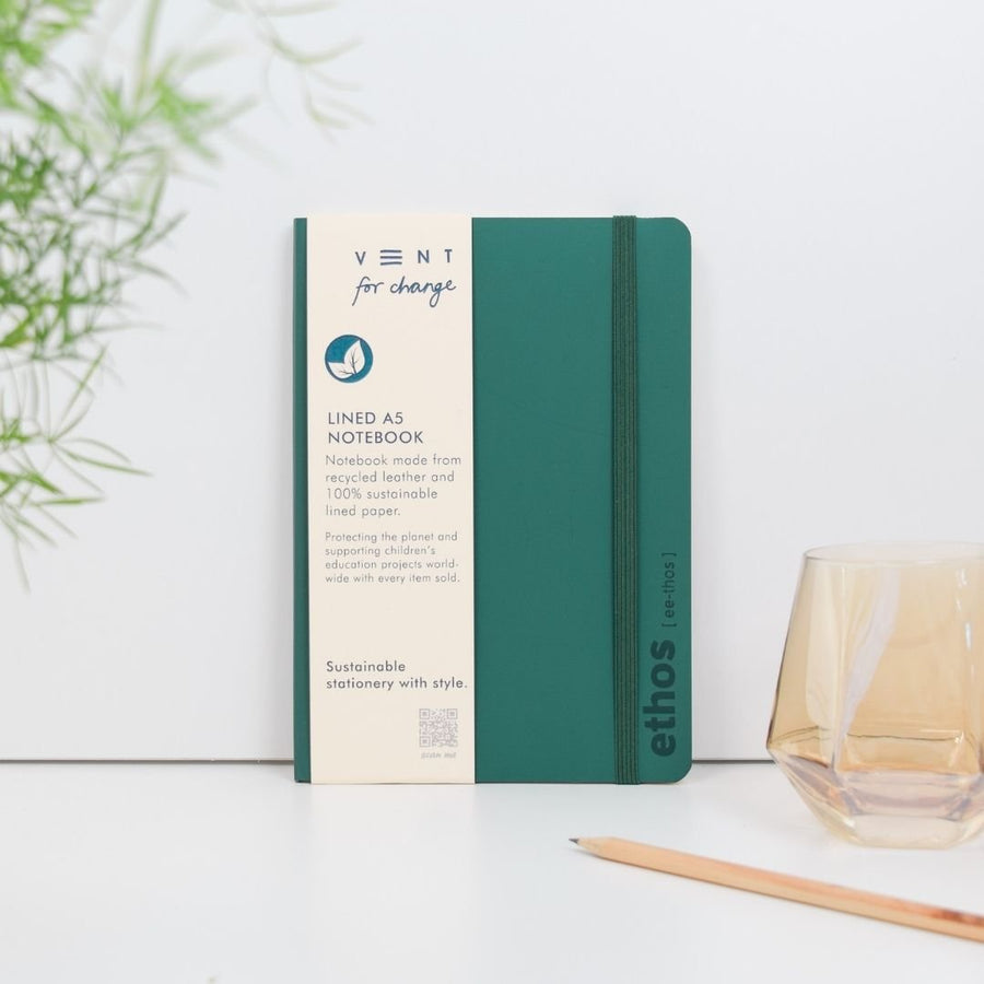 Recycled Leather A5 Lined Notebook Emerald Green - Vent for Change