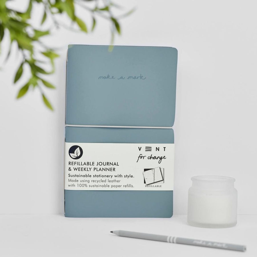 Recycled Leather Refillable Journal Dusty Blue - Vent for Change