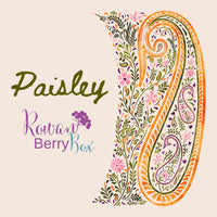 Paisley design with 'Rowan Berry Box' text on a beige background