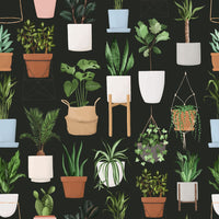 Pattern of various potted plants on a black background