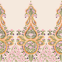 Decorative pattern with floral elements and colorful paisley design on a beige background