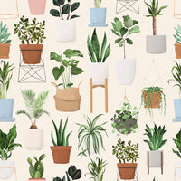 Pattern of various potted plants on a beige background