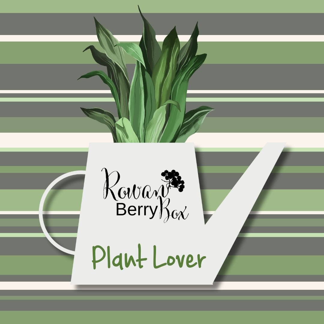 White watering can with green plant on a striped background, featuring 'Rowan Berry Box Plant Lover' text.