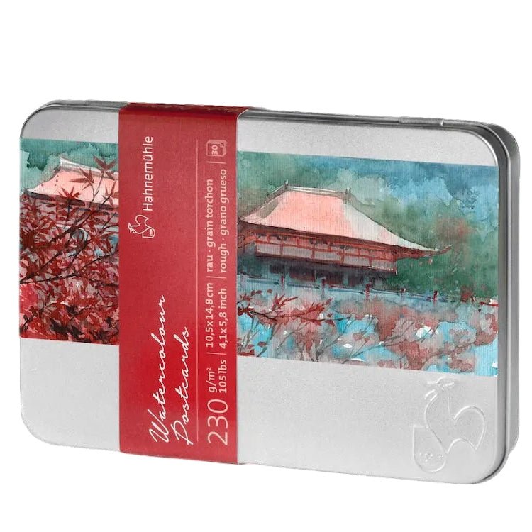 Metal tin packaging with a scenic design and red label on a white background