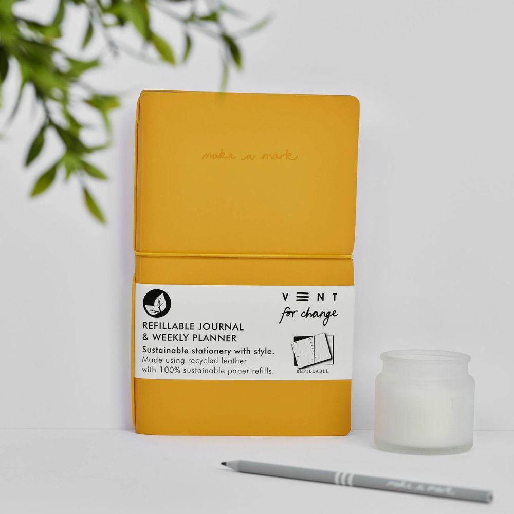 Recycled Leather Refillable Journal Yellow - Vent for Change - Under the Rowan Trees